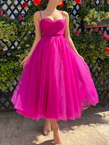 Rouge Rose Robe à Bretelles de Soirée Mi-long en Maille - Airchics